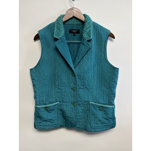 TALBOTS PM Equestrian Quilted Vest Teal Corduroy Collar Medium Fleece Lined Prep - Picture 6 of 13